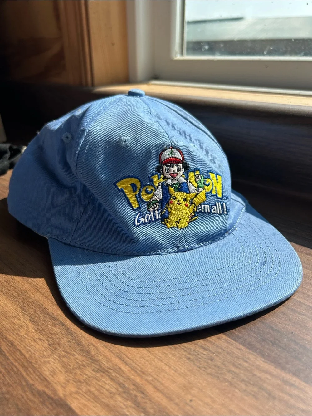 Vintage Pokémon Ash & Pikachu Embroidered Light Blue Cap